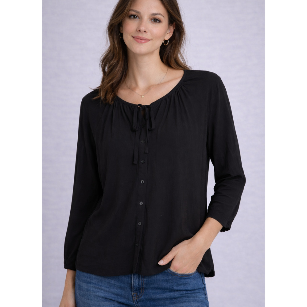 Z Supply Black Blouse Large NWT Boho Tie Neck Button Front Flowy Rayon Top Women